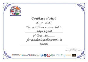 Grade 9 Certificate of Merit for Drama 2019-2020