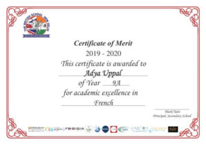 Grade 9 Certificate of Merit for French 2019-2020