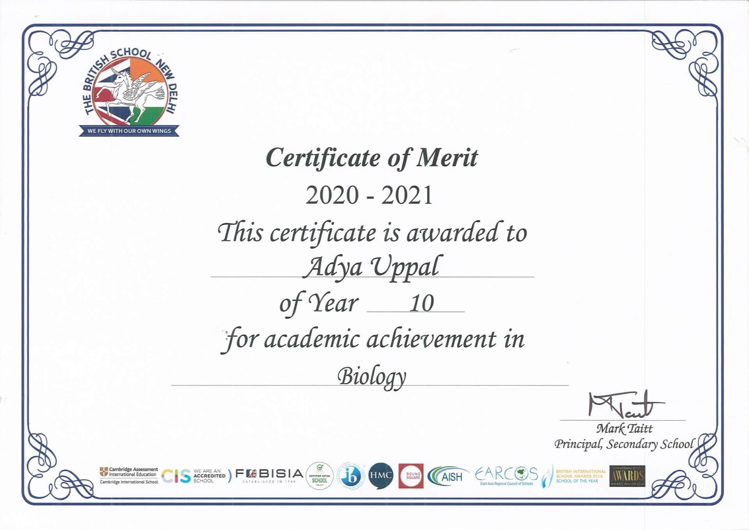 IGCSE, Grade 10-Certificate of Merit for Biology