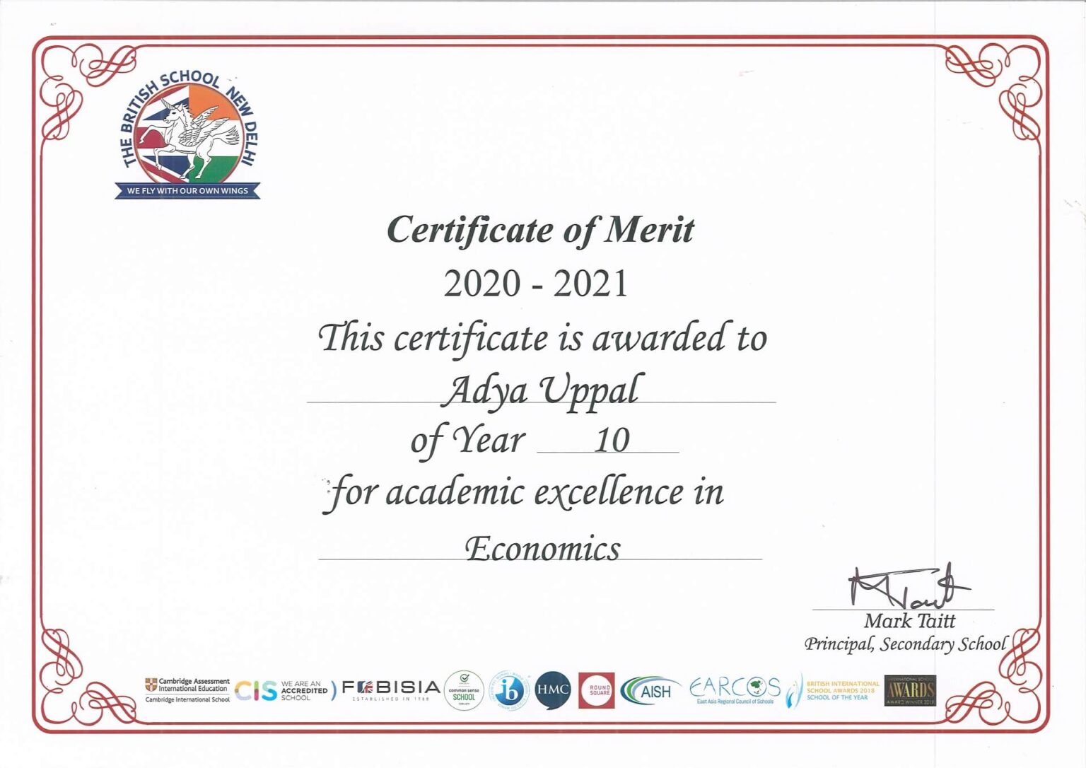 IGCSE, Grade 10-Certificate of Merit for Economics