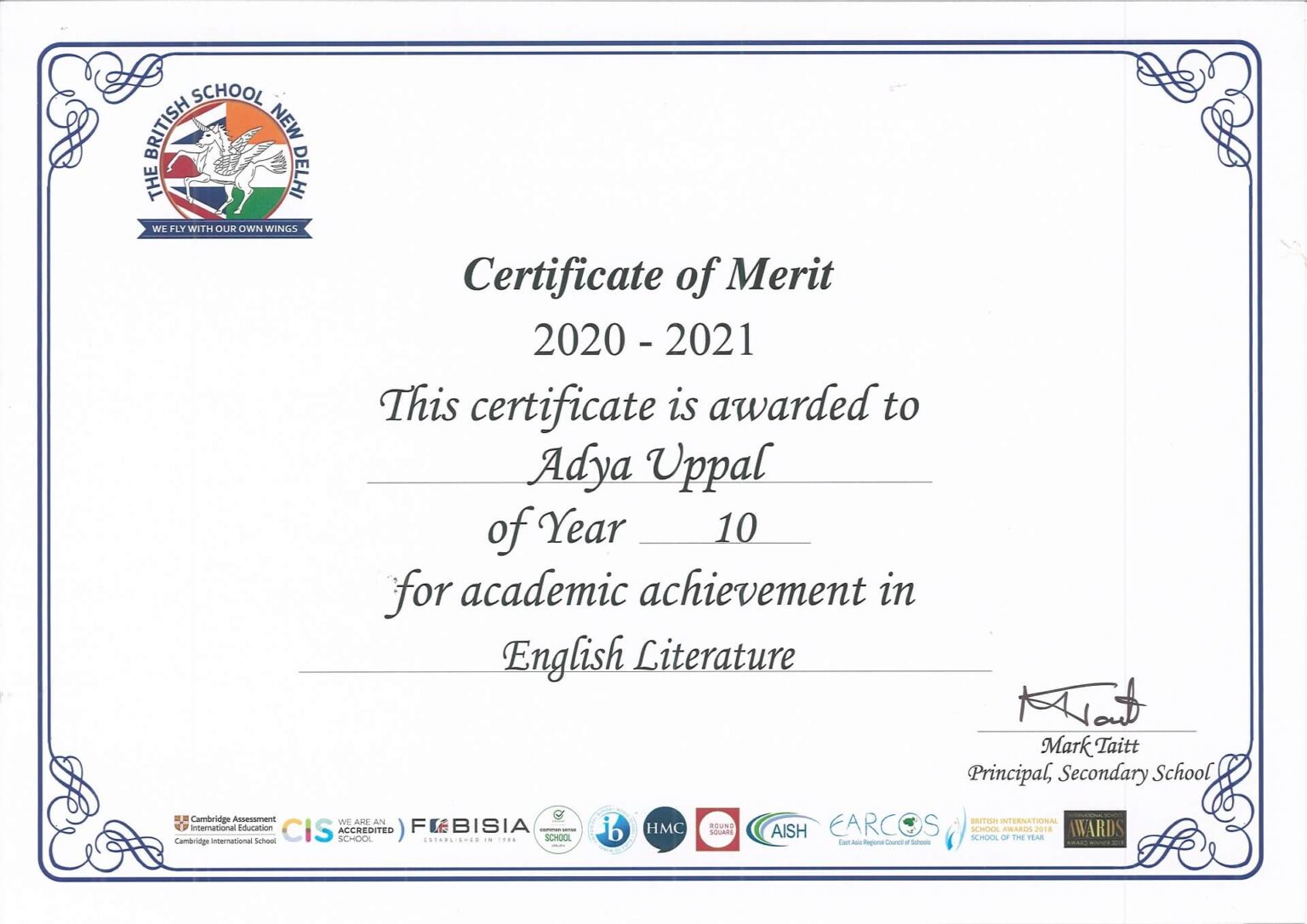 IGCSE, Grade 10-Certificate of Merit for English Literature