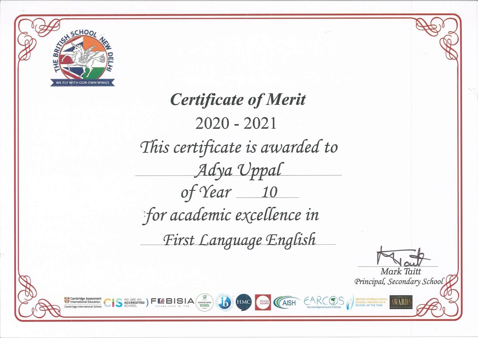 IGCSE, Grade 10-Certificate of Merit for First Language English