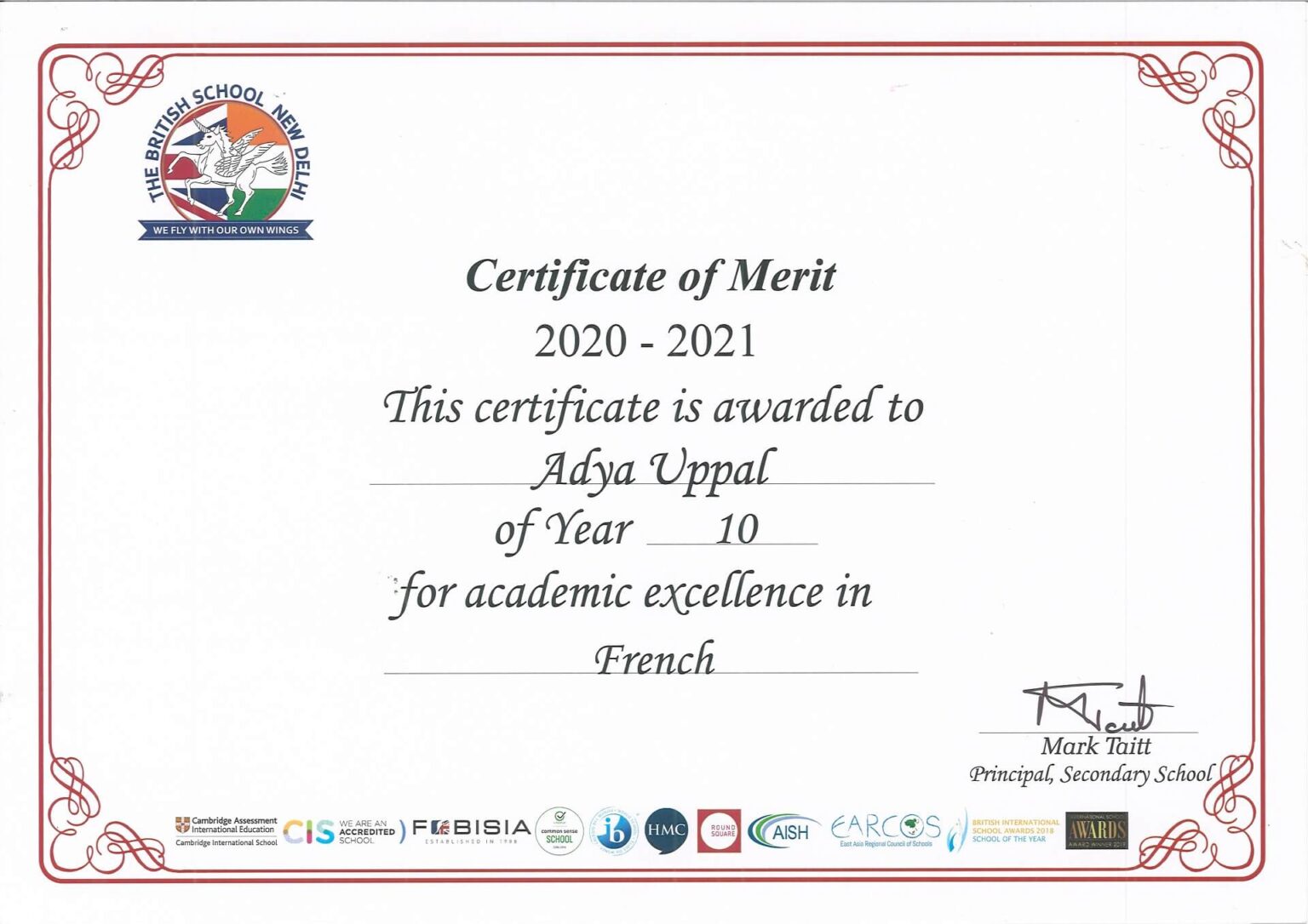 IGCSE, Grade 10-Certificate of Merit for French