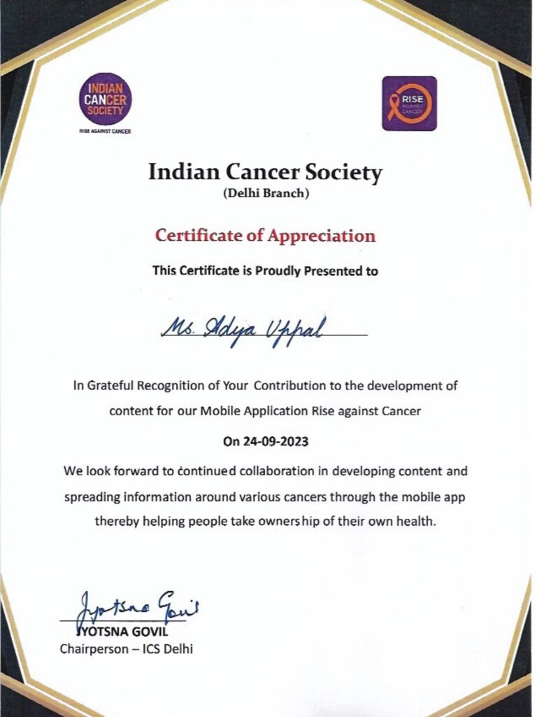 Indian Cancer Society Certificate of Appreciation